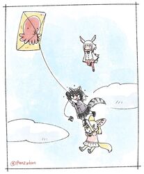  3girls animal_ears black_hair black_skirt blonde_hair cloud commentary common_raccoon_(kemono_friends) crested_ibis fennec_(kemono_friends) flying flying_sweatdrops fox_ears fox_girl fox_tail head_wings highres japanese_crested_ibis_(kemono_friends) kemono_friends kite multicolored_hair multiple_girls open_mouth panzuban raccoon_ears raccoon_girl raccoon_tail red_skirt rope short_sleeves skirt striped_tail tail twitter_username white_hair white_skirt wings 