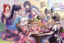  6+girls bangs blue_eyes bronya_zaychik brown_hair cake cake_slice casual chopsticks closed_mouth doll eating eyewear_on_head food fu_hua full_body glasses grey_eyes grey_hair holding holding_chopsticks homu_(honkai_impact) honkai_(series) honkai_impact_3rd kallen_kaslana kallen_kaslana_(ritual_imayoh) kutty-sark long_hair maid multiple_girls murata_himeko open_mouth pillow plate purple_eyes purple_hair purple_legwear raiden_mei red_hair rita_rossweisse seiza sitting soles table television theresa_apocalypse thighhighs traditional_media white_hair yae_sakura yae_sakura_(goushinnso_memento) yellow_eyes 