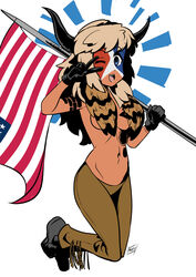  ;d american_flag black_footwear black_gloves black_horns blue_eyes breasts brown_hair brown_pants commentary dark-skinned_female dark_skin english_commentary facepaint female full_body fur_scarf genderswap_(mtf) gloves highres holding horns jake_angeli kukuruyo long_hair looking_at_viewer medium_breasts mixed-language_commentary navel one_eye_closed open_mouth pants politics real_life rule_63 sideboob signature simple_background smile solo spanish_commentary tattoo topless v white_background 