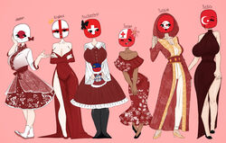  6+girls absurdres bare_shoulders black_bow black_dress black_footwear bow breasts cleavage countryhumans crescent crossed_arms dress english_flag flawsy floating_crown floating_head flower hair_flower hair_ornament hairbow highres japanese_flag large_breasts long_sleeves multiple_girls object_head pants personification pink_background pink_flower print_dress red_dress red_eyes red_footwear red_theme sandals shoes side_slit simple_background socks standing swiss_flag tongan_flag tunisian_flag turkish_flag white_pants white_socks yellow_footwear 