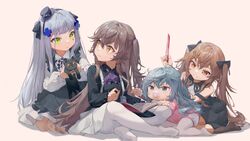  404_(girls&#039;_frontline) 4girls absurdres aged_down baby black_cat blue_eyes brown_eyes brown_hair feline g11_(girls&#039;_frontline) girls&#039;_frontline green_eyes grey_hair hair_between_eyes hair_ornament hair_ribbon hat highres hk416_(black_kitty&#039;s_gift)_(girls&#039;_frontline) hk416_(girls&#039;_frontline) korean_commentary long_hair long_sleeves mini_hat multiple_girls one_side_up pacifier pantyhose ren_huozhe ribbon twintails two_side_up ump45_(agent_lop_rabbit)_(girls&#039;_frontline) ump45_(girls&#039;_frontline) ump9_(girls&#039;_frontline) ump9_(shiba_investigator)_(girls&#039;_frontline) white_pantyhose 