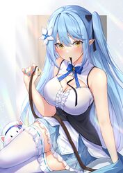  bare_shoulders belt blue_bow blue_bowtie blue_hair blue_nails blue_skirt blush bow bowtie breasts brown_belt cleavage female flower frilled_skirt frills hair_flower hair_ornament hand_up highres holding holding_belt holding_ribbon hololive large_breasts long_hair looking_at_viewer menmen_(menmen13s) mouth_hold nail_polish official_alternate_hairstyle pointy_ears raised_eyebrows ribbon shirt side_ponytail sitting skirt sleeveless sleeveless_shirt snowflake_print solo thighhighs unworn_belt virtual_youtuber white_flower white_thighhighs yellow_eyes yukihana_lamy yukihana_lamy_(1st_costume) yukimin_(yukihana_lamy) zettai_ryouiki 