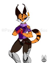  anthro artist_logo artist_name bare_shoulders belt blue_eyes bottomwear breasts brown_belt brown_bottomwear brown_clothing brown_pants clothing ear_piercing ear_ring felid feline female fur hands_together hi_res leg_armor logo looking_at_viewer lynx mammal miyu_(star_fox) nintendo orange_body orange_fur pants piercing pilot pilot_uniform psychorodent purple_clothing purple_shirt purple_topwear raised_tail ring_piercing science_fiction shirt shoulder_cutout simple_background solo standing star_fox star_fox_2 tail topwear uniform watermark white_background 