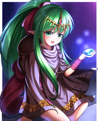  absurdres back_bow bandaged_arm bandages blue_gemstone border bow cloak commentary_request crystal dragonstone dress female fire_emblem fire_emblem:_mystery_of_the_emblem gem glowing green_eyes green_hair hair_ribbon hand_up happy highres holding hondaranya hood hood_down hooded_cloak jewelry light_particles lolicon long_hair looking_at_viewer necklace open_mouth outside_border pointy_ears ponytail purple_cloak purple_dress purple_ribbon ribbon short_dress sidelocks sitting smile solo teeth tiki_(fire_emblem) tiki_(young)_(fire_emblem) white_border 