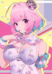  absurdres ahoge blue_hair blush bracelet breasts bsue choker cleavage closed_mouth crown detached_sleeves fang_out female hair_intakes hand_up highres idolmaster idolmaster_cinderella_girls jewelry large_breasts lips looking_at_viewer multicolored_hair oerba_yun_fang photoshop_(medium) pink_eyes pink_hair red_nails short_hair skin_fang solo two-tone_hair upper_body white_choker yumemi_riamu 