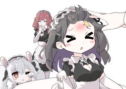  &gt;_&lt; 3girls ;o ^_^ absurdres animal_ears apron azur_lane black_dress black_hair black_hairband black_ribbon blush_stickers breasts cleavage cleavage_cutout closed_eyes clothing_cutout collared_dress commander_(azur_lane) commentary_request cowboy_shot dress elbow_gloves fake_animal_ears flick forehead_flick frilled_apron frilled_dress frilled_hairband frills giggling gloves hair_between_eyes hair_ribbon hairband hand_to_own_mouth heart_cutout highres laffey_(azur_lane) large_breasts long_hair looking_at_another maid maid_apron maid_headdress multiple_girls one_eye_closed one_side_up pamiat_merkuria_(azur_lane) pantyhose puffy_short_sleeves puffy_sleeves rabbit_ears red_eyes red_hair ribbon rubbing_eyes short_sleeves sidelocks simple_background sitting sitting_on_table sleepy smile standing table thighhighs triangle_mouth twintails uduki_(nissi) upper_body white_background white_gloves white_hair white_pantyhose zara_(azur_lane) 