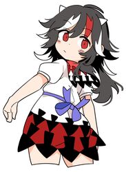  arrow_print black_hair closed_mouth commentary cone_horns cropped_legs dress female from_behind horns ini_(inunabe00) kijin_seija looking_at_viewer looking_back medium_hair multicolored_hair red_eyes red_hair simple_background small_horns solo streaked_hair touhou white_background white_hair white_horns 