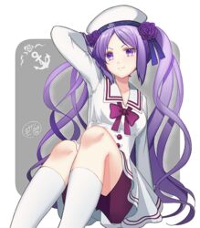  beret bike_shorts euryale_(fate) euryale_(miss_sailor_in_white_uniform)_(fate) fate/grand_order fate_(series) female flower hat ittokyu long_hair official_alternate_costume purple_eyes purple_hair sailor_collar solo twintails white_sailor_collar 