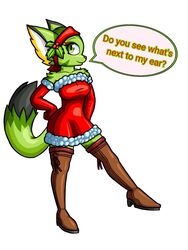  3:4 absolute_territory anthro armwear breasts carol_tea christmas clothed clothing dialogue dress elbow_gloves english_text felid feline felis female freedom_planet fur galaxytrail gerald_serault gloves green_body green_eyes green_fur handwear hi_res holidays holly_(plant) legwear mammal plant solo stockings text thigh_highs wildcat 