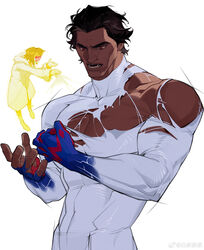  1boy absurdres bara bodysuit broad_shoulders cheekbones dark-skinned_male dark_skin frown hair_slicked_back highres large_pectorals lyla_(marvel) male_focus marvel miguel_o&#039;hara muscular muscular_male pectoral_cleavage pectorals short_hair sideburns single_bare_shoulder solo_focus spider-man:_across_the_spider-verse spider-man_(2099) spider-man_(series) spider-verse tearing_clothes thick_eyebrows torn_bodysuit torn_clothes two-tone_bodysuit upper_body v-taper white-corner white_bodysuit 