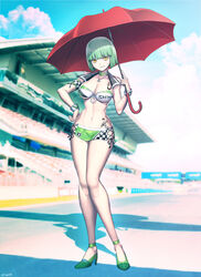  alternate_costume alternate_hairstyle anklet armband bleachers blue_sky blunt_bangs blunt_ends bob_cut breasts checkered_choker checkered_clothes cloud commission eyebrows female full_body genzoman green_footwear green_hair hand_on_own_hip high_heels highres hikage_(senran_kagura) jewelry large_breasts miniskirt navel race_queen racetrack red_umbrella senran_kagura shadow short_hair skirt sky smile solo stadium tattoo thighs umbrella yellow_eyes 