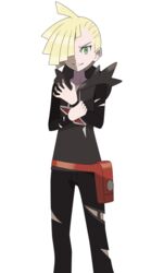  1boy ahoge asatsuki_(fgfff) bag black_pants blonde_hair collarbone commentary_request ear_piercing fanny_pack gladion_(pokemon) green_eyes hair_over_one_eye hand_on_own_wrist highres hood hood_down hoodie long_sleeves male_focus orange_bag pants parted_lips piercing pokemon pokemon_sm smile solo standing torn_clothes torn_hoodie torn_pants transparent_background 