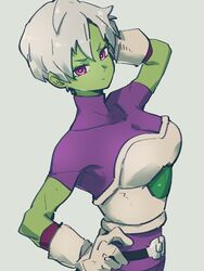  arm_behind_head bodysuit breasts cheelai closed_mouth colored_skin commentary_request dragon_ball dragon_ball_super dragon_ball_super_broly female gloves green_skin grey_background hand_on_own_hip kemachiku looking_at_viewer medium_breasts pink_eyes purple_bodysuit saiyan_armor short_hair simple_background solo white_gloves white_hair 