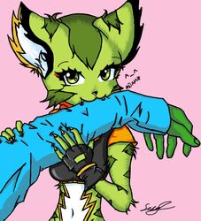  ambiguous_gender anthro bite breasts carol_tea claws clothing duo felid feline felis female fingerless_gloves freedom_planet fur galaxytrail gloves green_body green_eyes green_fur handwear hi_res mammal midriff navel pink_background ses_loera_lopez simple_background teeth wildcat 