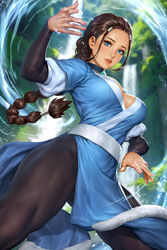  avatar:_the_last_airbender avatar_legends black_pantyhose black_sleeves blue_choker blue_eyes blue_robe blurry blurry_background braid braided_ponytail breasts brown_hair choker element_bending english_commentary female forest fur-trimmed_robe fur_trim hair_tubes highres katara medium_breasts nature neoartcore paid_reward_available pantyhose parted_lips patreon_username pelvic_curtain robe tan thighs water waterfall 