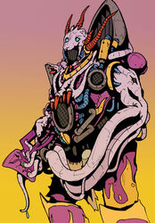  adeptus_astartes armor blue_eyes chaos_(warhammer) chaos_space_marine commentary darkmechanic emperor&#039;s_children highres holding holding_weapon horns multicolored_background mutation noise_marines power_armor purple_armor purple_background red_horns slaanesh sleeveless tentacle warhammer_40k weapon yellow_background 