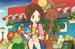  :d ^_^ apron arms_up bellossom black_eyes blush_stickers brown_eyes brown_hair closed_eyes commentary commentary_request creature english_commentary eo_kanako eye_contact female flower flower_shop_lady_(pokemon) gen_1_pokemon gen_2_pokemon happy holding lamppost looking_at_another multiple_sources official_art open_mouth outdoors pokemon pokemon_(creature) pokemon_trading_card_game short_hair sitting smile squirt_bottle squirtle sudowoodo tied_hair vase 