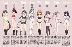  6+girls abs ahoge akebono_(kancolle) akebono_kai_ni_(kancolle) amagiri_(kancolle) ayanami_(kancolle) ayanami_kai_ni_(kancolle) bandages bell black_bra black_gloves black_hair black_panties blue_eyes blush bow bow_bra bow_panties bra breasts brown_eyes brown_hair cassandra_(seishun_katsu_sando) cleavage closed_mouth collarbone commentary_request flat_chest flower full_body glasses gloves grey_bra grey_eyes grey_hair grey_panties hair_bell hair_flower hair_ornament headband highres jingle_bell kantai_collection large_breasts lineup long_hair looking_at_viewer medium_breasts multiple_girls navel oboro_(kancolle) open_mouth panties pink_bra pink_eyes pink_flower pink_hair pink_panties polka_dot polka_dot_bra polka_dot_panties ponytail purple_hair sagiri_(kancolle) sazanami_(kancolle) shikinami_(kancolle) shikinami_kai_ni_(kancolle) short_hair small_breasts socks standing thighhighs translation_request twintails underwear underwear_only ushio_(kancolle) ushio_kai_ni_(kancolle) very_long_hair white_bra white_panties 