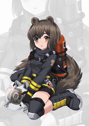  animal_ears animal_ears_helmet arknights axe black_gloves boots brown_eyes brown_hair commentary_request female fire_axe fire_helmet firefighter firefighter_jacket gloves helmet highres jacket knee_pads large_tail open_mouth oxygen_tank persocon93 photoshop_(medium) shaw_(arknights) short_hair shorts solo squirrel_girl squirrel_tail tail unworn_headwear unworn_helmet zoom_layer 