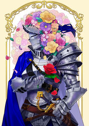  1other ambiguous_gender armor belt black_belt blue_cape brown_belt cape commentary_request couter cuirass facing_to_the_side floral_background flower flower_on_head full_armor gauntlets gorget hand_up helm helmet highres holding holding_flower holding_sheath knight namazu_(dc_27546) orange_flower original pauldrons petals pink_flower pink_rose purple_flower purple_rose red_flower red_rose rerebrace rondel rose rose_petals sheath sheathed shoulder_armor shoulder_belt single_pauldron sword two-sided_cape two-sided_fabric unsheathing upper_body vambraces weapon white_cape yellow_flower yellow_rose 