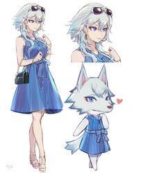  animal_crossing bag bare_legs bare_shoulders blue_dress blue_eyes blue_ribbon bracelet casual csyday dress earrings eyewear_on_head female full_body furry furry_female hand_on_own_chest handbag heart highres hoop_earrings humanization jewelry multiple_views ribbon sandals short_hair_with_long_locks sleeveless sleeveless_dress standing striped_clothes striped_dress sunglasses vertical-striped_clothes vertical-striped_dress white-framed_eyewear white_footwear white_hair whitney_(animal_crossing) wolf_girl 