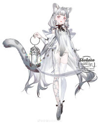  :d absurdres animal_ear_fluff animal_ears artist_name bare_shoulders black_leotard black_ribbon detached_sleeves dress earrings extra_ears female full_body grey_eyes grey_footwear grey_hair groin hair_intakes hair_over_shoulder hair_ribbon highres holding holding_lantern jewelry lantern leg_tattoo leopard_ears leopard_girl leopard_tail leotard long_dress long_hair looking_at_viewer low-tied_sidelocks original ribbon see-through see-through_dress shokuen_(oxstl) single_thighhigh smile snowflake_print solo standing star_(symbol) star_earrings tail tattoo thighhighs very_long_hair watermark weibo_logo weibo_watermark white_background white_sleeves white_thighhighs 