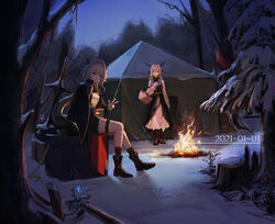  1boy 3girls absurdres alina_(arknights) animal_ears antlers arknights ascot black_ascot black_cape black_dress black_footwear black_socks boots campfire cape crate cup dated deer_antlers deer_ears deer_girl dragon_girl dragon_horns dragon_tail dress flag frostnova_(arknights) grey_eyes grey_hair hair_intakes happy_new_year highres holding holding_cup horns looking_at_viewer mug multiple_girls new_year outdoors panana patriot_(arknights) pine_tree plant planted planted_sword reunion_logo_(arknights) shirt sitting sleeping smile snow socks sword tail talulah_(arknights) talulah_the_fighter_(arknights) tent tree twilight w weapon white_shirt 