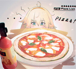  ... ahoge amirun blonde_hair chromatic_aberration english_text female food girls&#039;_frontline green_eyes hairband highres hot_sauce margherita_pizza messy_hair orange_hairband peeping pizza s.a.t.8_(girls&#039;_frontline) solo 