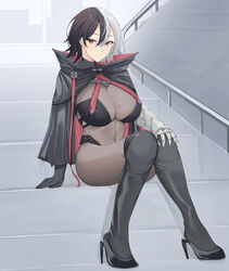  absurdres armored_gloves asymmetrical_gloves azur_lane black_capelet black_footwear black_gloves black_hair bodystocking boots breasts bruenhilde_(azur_lane) capelet cleavage cross female gloves hair_between_eyes high_heels highres huge_breasts iron_cross knee_boots multicolored_hair on_stairs red_eyes ref_(pmxt4483) short_hair single_glove sitting sitting_on_stairs split-color_hair stairs thighs two-tone_hair white_hair 