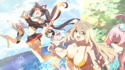  5girls ahoge animal_ears ayane_(blue_archive) ayane_(swimsuit)_(blue_archive) barefoot bikini black_bikini black_hair black_one-piece_swimsuit blonde_hair blue_archive blue_sky breasts cat_ears cleavage closed_eyes cloud comiket_102 commentary_request day extra_ears foreclosure_task_force_(blue_archive) frilled_bikini frills green_eyes green_halo halo halterneck hoshino_(blue_archive) hoshino_(swimsuit)_(blue_archive) huge_breasts jacket jumping lens_flare long_hair looking_at_another looking_back momiji_oroshi multiple_girls nonomi_(blue_archive) nonomi_(swimsuit)_(blue_archive) ocean oerba_yun_fang official_alternate_costume one-piece_swimsuit open_clothes open_jacket open_mouth outdoors pink_hair pointy_ears red_eyes serika_(blue_archive) serika_(swimsuit)_(blue_archive) shiroko_(blue_archive) shiroko_(swimsuit)_(blue_archive) short_hair shorts skin_fang sky small_breasts smile summer sunlight sweatdrop swimsuit tree twintails white_jacket wolf_ears yellow_bikini 