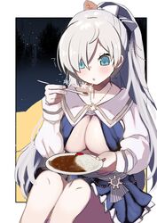  anastasia_(fate) anastasia_(swimsuit_archer)_(fate) anastasia_(swimsuit_archer)_(third_ascension)_(fate) bikini bikini_skirt blowing_on_food blue_eyes breasts curry curry_rice fate/grand_order fate_(series) female food highres large_breasts long_hair night ponytail rice sitting snowflakes spoon swimsuit white_hair yashiro_ryo 