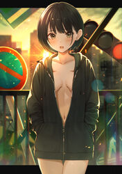  backlighting bad_id bad_pixiv_id black_hair blush bob_cut breasts brown_eyes cityscape cleavage coat collarbone commentary cowboy_shot earrings female hands_in_pockets highres hood hoodie jacket jewelry lens_flare long_sleeves looking_at_viewer naked_coat naked_hoodie navel no_bra no_parking_sign open_clothes open_jacket open_mouth original outdoors partially_unzipped railing road_sign short_hair sign small_breasts solo stud_earrings tanbonota46 thigh_gap traffic_light 