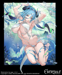  air_bubble armpits arms_up blue_eyes blue_hair breasts bubble coral_reef evertale female full_body hair_between_eyes highres large_breasts monster_girl navel official_art sage_joh solo_focus symbol-shaped_pupils tail underboob underwater 