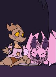  ambiguous_gender animated anthro barefoot bat bat_ears bat_nose bat_wings big_breasts breast_jiggle breasts cave cleavage clothed clothing cute_fangs dialogue feet female feral freckles fur horn inside jiggling kobold mammal membrane_(anatomy) membranous_wings navel neck_tuft non-mammal_breasts pink_body pink_fur purple_inner_ear reptile scalie short_playtime sitting smile solo srriz srriz_adventure srrizadventurer tail toes tuft wings yellow_eyes 