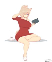  absurdres alpaca_ears alpaca_girl alpaca_suri_(kemono_friends) alpaca_tail animal_ears arm_behind_head arm_up blonde_hair blue_eyes breasts closed_mouth collarbone commentary commission cup female full_body hair_bun hair_over_one_eye hand_up highres holding holding_notebook horizontal_pupils kemono_friends korial large_breasts medium_hair notebook panties sandals saucer simple_background single_hair_bun sitting smile solo stomach tail underwear watermark web_address white_background white_panties 