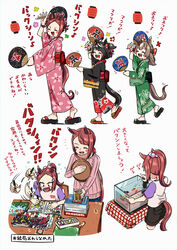  4girls :d absurdres aged_down alternate_costume alternate_hair_length alternate_hairstyle animal_ears appleq asymmetrical_bangs black_hair blush_stickers brown_hair casual collage colored_pencil commentary_request cup drawing feeding fish_tank hair_ornament hand_fan highres holding holding_fan holding_tray horse_ears horse_girl horse_tail japanese_clothes kimono kitasan_black_(umamusume) lantern lineup lolicon mother_and_daughter mug multiple_girls obi paper_lantern pencil ponytail ribbed_sweater sakura_bakushin_o_(umamusume) sandals sash satono_diamond_(umamusume) shouting smile summer_festival sweater tail translation_request tray umamusume v-shaped_eyebrows wide_sleeves yukata zouri 