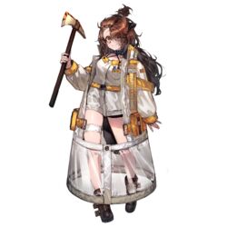  absurdres animal_ears arknights axe beaver_ears beaver_tail black_footwear boots breast_pocket brown_eyes brown_hair choker closed_mouth coat commentary english_commentary female full_body glasses hair_ornament hair_over_one_eye hairclip highres holding holding_axe holding_weapon infection_monitor_(arknights) long_hair long_sleeves looking_at_viewer original pen_in_pocket pocket ribiadan see-through see-through_coat shirt simple_background smile solo tail thigh_strap transparent_background weapon white_coat white_shirt 