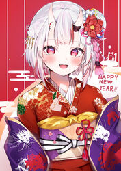  :d alternate_hair_length alternate_hairstyle auui blush commentary_request egasumi female floral_print flower hair_bun hair_flower hair_ornament happy_new_year highres hololive horns japanese_clothes kimono looking_at_viewer multicolored_hair nakiri_ayame nakiri_ayame_(new_year) new_year obi oerba_yun_fang off_shoulder official_alternate_costume oni open_mouth print_kimono red_eyes red_flower red_hair red_kimono sash short_hair single_hair_bun single_side_bun skin-covered_horns smile solo streaked_hair upper_body virtual_youtuber white_flower white_hair 