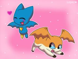  4:3 adorabat ambiguous_gender bandai_namco bat bat_wings blue_body blue_eyes blush cartoon_network closed_eyes crossover digimon digimon_(species) duo fangs female feral flying hi_res mammal mao_mao:_heroes_of_pure_heart membrane_(anatomy) membranous_wings open_mouth open_smile orange_body patamon pegleg pink_background simple_background smile teeth wings 