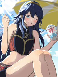  ;p bare_legs bare_shoulders beach_umbrella bikini blue_bikini blue_eyes blue_hair blue_sky cloud feet_out_of_frame female fire_emblem fire_emblem_awakening fire_emblem_cipher food highres holding holding_food holding_ice_cream holding_spoon ice_cream ice_cream_spoon long_hair looking_at_viewer lucina_(fire_emblem) official_alternate_costume one_eye_closed sky spoon swimsuit taka_p_(zelda27th) thighs tiara tongue tongue_out umbrella 