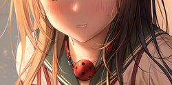  ball_gag blush bondage brown_hair close-up commentary female gag gag_around_neck haneru head_out_of_frame himino_seika himitsu_no_jugyou long_hair mouth_focus original red_rope rope sailor_collar sailor_shirt shibari_over_clothes shiny_clothes shirt solo sweatdrop teeth unworn_gag white_shirt wiffle_gag 