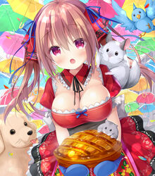  :o animal bird black_ribbon blue_ribbon blue_umbrella blush breasts brown_hair brown_umbrella canine chinchilla_(animal) cleavage collar commentary_request detached_collar dress female food frilled_collar frills green_umbrella hair_between_eyes hair_ribbon hamster holding holding_food long_hair looking_at_viewer medium_breasts mottso neck_ribbon open_mouth original oven_mitts pie pink_umbrella puffy_short_sleeves puffy_sleeves red_collar red_dress red_eyes red_ribbon ribbon short_sleeves solo twintails umbrella very_long_hair yellow_umbrella 