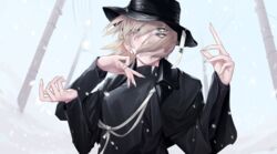  black_capelet black_hat black_shirt blonde_hair blue_eyes capelet commentary english_commentary extra_arms extra_eyes female floating_hair hair_between_eyes hair_over_mouth hands_up hat highres joki_yoh long_sleeves looking_at_viewer medium_hair original shirt solo upper_body utility_pole 