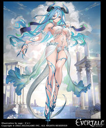  bare_shoulders blue_eyes blue_hair blue_sky breasts cloud commentary_request evertale female fingernails full_body hair_between_eyes hair_intakes highres large_breasts light_smile long_hair monster_girl ocean official_art pointy_ears ruins sage_joh sky solo symbol-shaped_pupils tail 