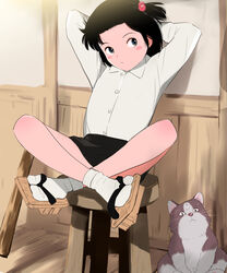  arms_behind_head black_hair blush feline female geta hair_bobbles hair_ornament highres indoors jarinko_chie kotetsu_(jarinko_chie) long_sleeves shirt short_hair sitting skirt socks stool takemoto_chie tanaka_yutaka white_shirt white_socks 