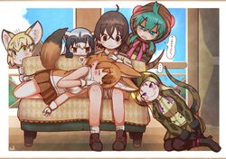  ... 1other 5girls african_rock_python_(kemono_friends) ahoge ambiguous_gender animal_ears bare_arms bare_legs bare_shoulders behind_another black_hair black_pantyhose blonde_hair blush boots border brown_eyes brown_hair captain_(kemono_friends) cat_ears character_name clenched_teeth closed_eyes common_raccoon_(kemono_friends) couch day dhole_(kemono_friends) dog_ears dog_tail drawstring extra_ears fishnet_pantyhose fishnets furrowed_brow gloves green_eyes green_hair grey_hair hair_between_eyes heart highres hood hood_up hoodie indoors kemono_friends kemono_friends_3 kneeling lap_pillow leaning_to_the_side looking_at_another lying medium_hair miniskirt multicolored_hair multiple_girls neck_ribbon on_side pantyhose pink_ribbon purple_eyes purple_hair raccoon_ears rakugakiraid ribbon sand_cat_(kemono_friends) shirt shoes short_hair shorts signature sitting skirt sleeveless sleeveless_shirt smile snake_tail spoken_ellipsis spoken_heart striped_clothes striped_hoodie striped_tail tail teeth translation_request tsuchinoko_(kemono_friends) two-tone_hair white_hair window yellow_eyes 