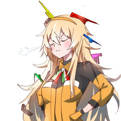  &gt;:) :3 blonde_hair broken closed_eyes comb dayongqi doyagao female girls&#039;_frontline gloves hairband hands_on_own_hips korean_commentary long_hair messy_hair s.a.t.8_(girls&#039;_frontline) smug solo v-shaped_eyebrows very_long_hair white_background 