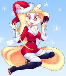  2017 abstract_background animaniacs anthro belt biped blonde_hair boots breasts choker christmas christmas_present cleavage clothed clothing colored_nails diamond_(gem) dress eyelashes eyeshadow female footwear fully_clothed gem gift hair hat headgear headwear hi_res high_heeled_boots high_heels holding_object holidays jewelry legwear lipstick long_hair makeup mammal minerva_mink mink minxydoodle mustelid musteline nails necklace ring shoes sitting solo stockings true_musteline warner_brothers 