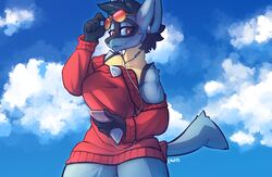  2019 5_fingers anthro athletic athletic_anthro athletic_female aviator_glasses bare_shoulders biped black_body black_fur black_hair blue_body blue_fur bottomless breasts canid clothed clothing cloud digital_media_(artwork) electronics erin_(kawfee) eyewear female fingers fur generation_4_pokemon glasses hair half-closed_eyes headphones hi_res hip_fluff kawfee looking_at_viewer lucario mammal narrowed_eyes nintendo outside phone pokemon pokemon_(species) pokemorph red_eyes shaded short_hair shoulder_fluff sky smile smirk solo spikes spikes_(anatomy) standing sweater thick_thighs topwear yellow_body yellow_fur 