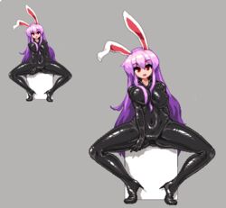  animal_ears bad_id bad_twitter_id bodysuit bowlegged_pose breasts commentary_request covered_navel female grey_background high_heels large_breasts latex latex_bodysuit long_hair looking_at_viewer namako_daibakuhatsu pixel_art purple_hair rabbit_ears red_eyes reisen_udongein_inaba shiny_clothes simple_background sitting smile solo spread_legs touhou very_long_hair 